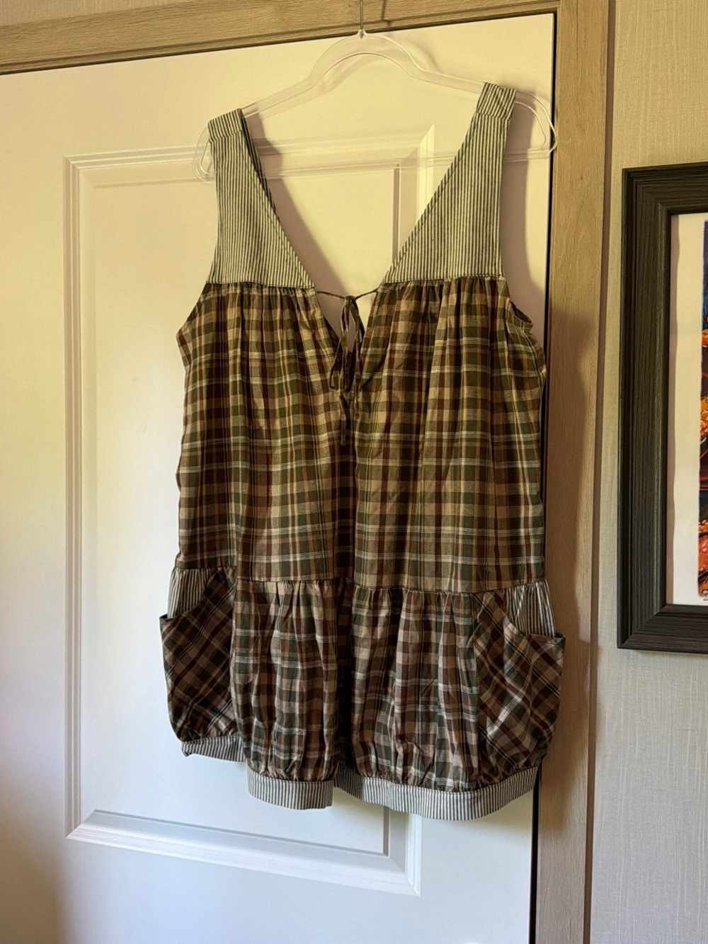 eesome Brown Plaid Cotton Romper with Striped Trim